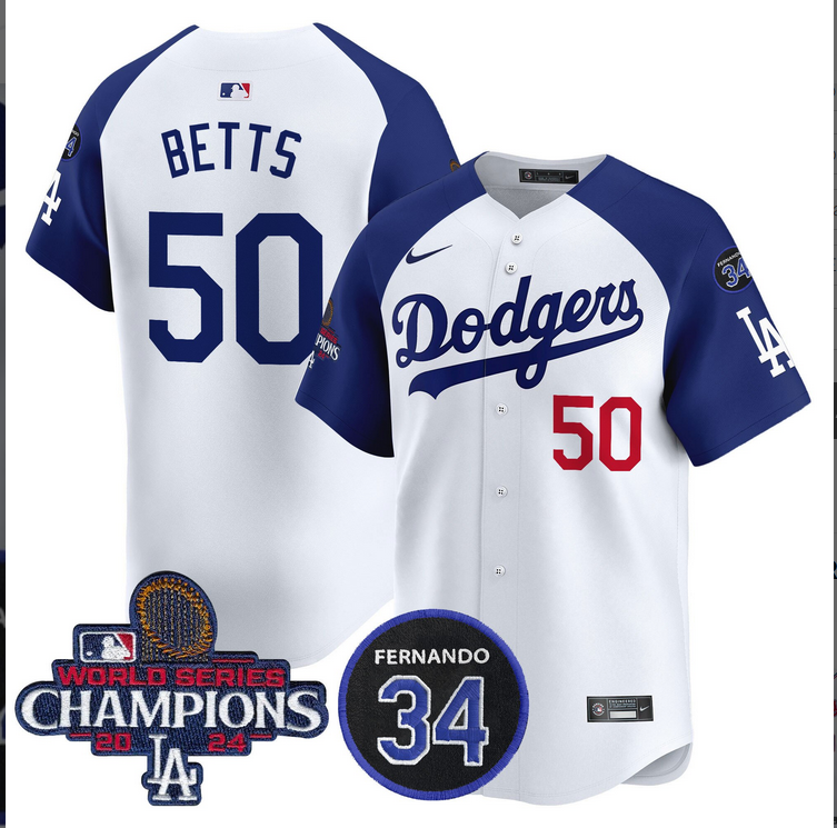 Men MLB Los Angeles Dodgers  #50 Betts white 2024 World Series Champions Patch Limited Jersey style 2